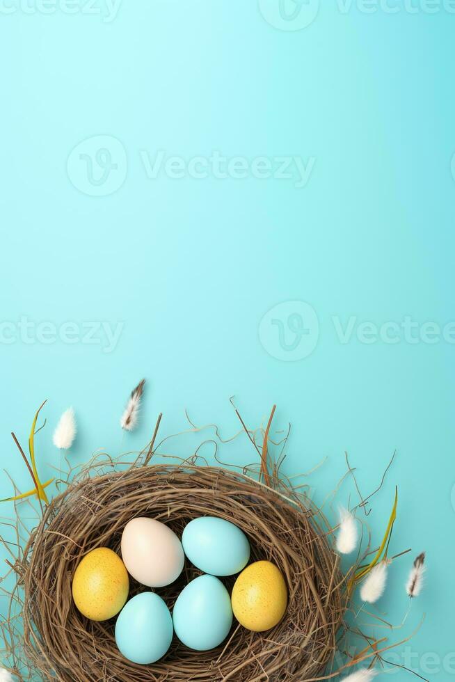 AI generated Easter eggs in a nest on a blue background photo