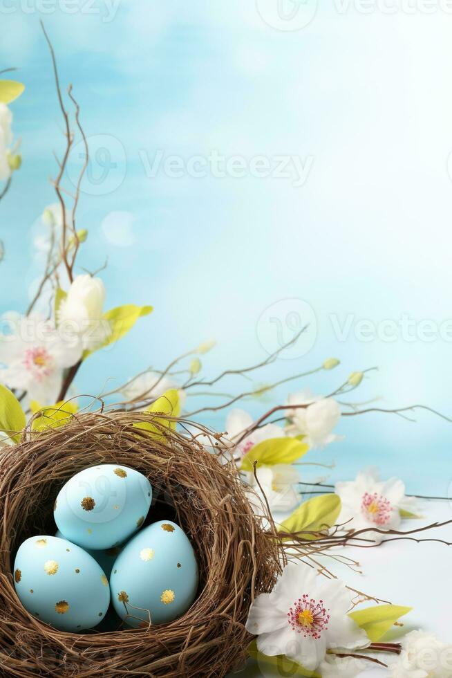 AI generated Easter eggs in a nest on a blue background photo