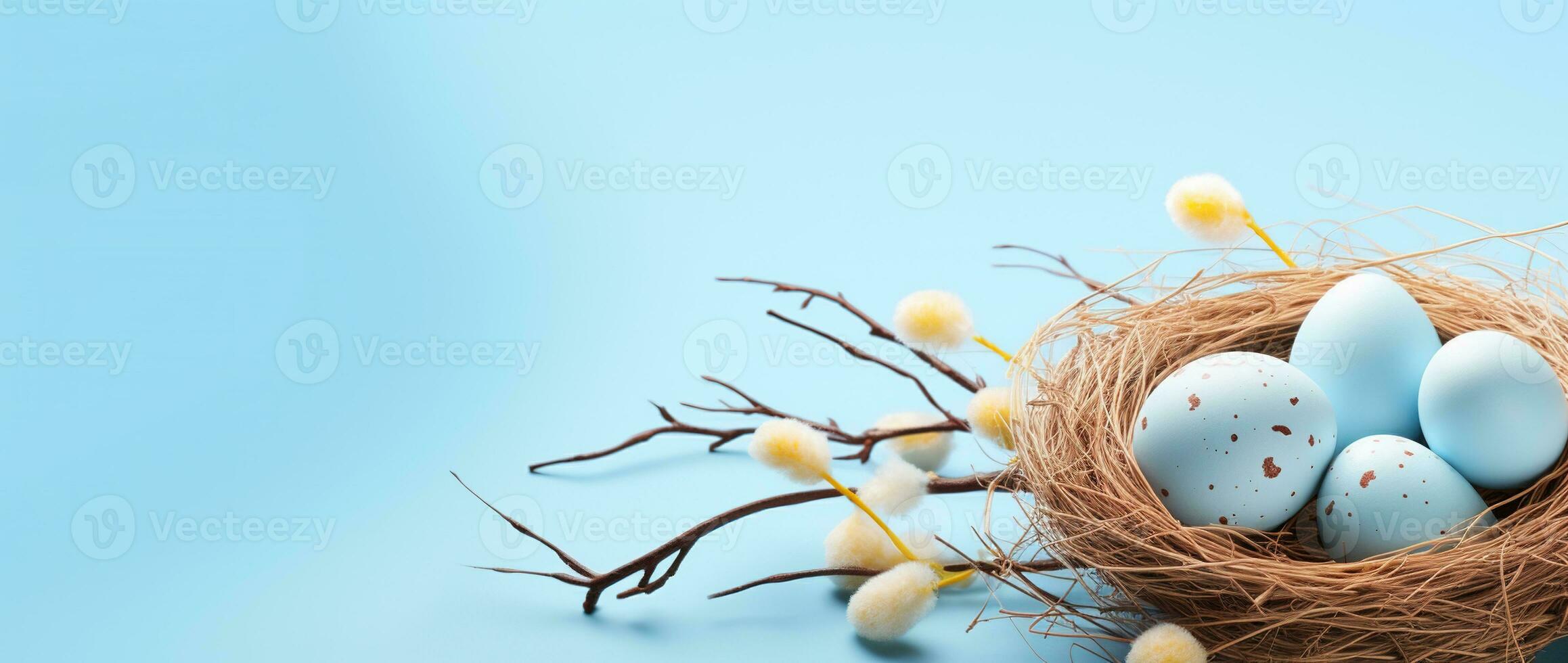 AI generated Easter eggs in a nest on a blue background photo