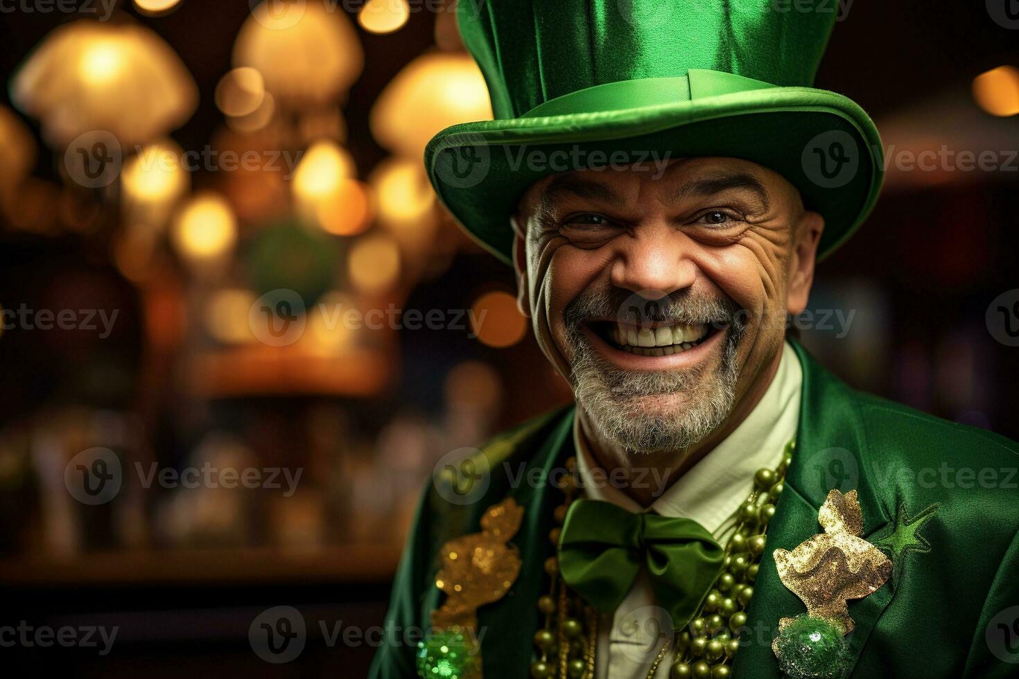 AI generated Portrait of a happy leprechaun with clover leaves. St. Patrick's Day. photo