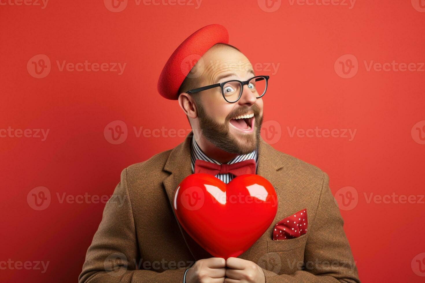 AI generated Portrait of a happy man with a red heart on Valentine's day concept. photo
