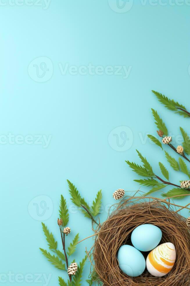 AI generated Easter eggs in a nest on a blue background photo