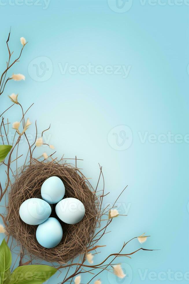 AI generated Easter eggs in a nest on a blue background photo