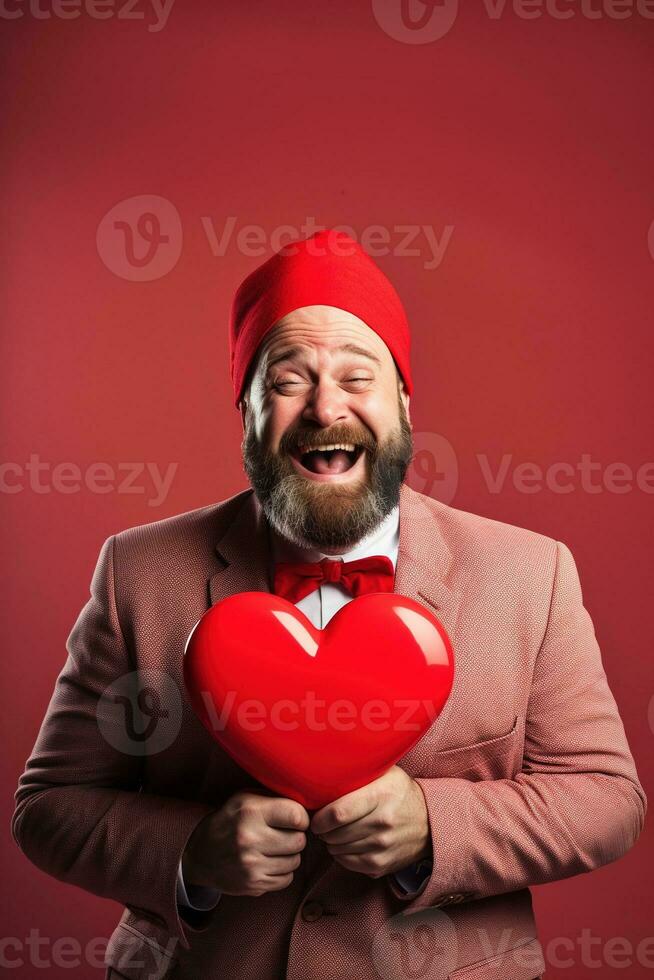 AI generated Portrait of a happy man with a red heart on Valentine's day concept. photo