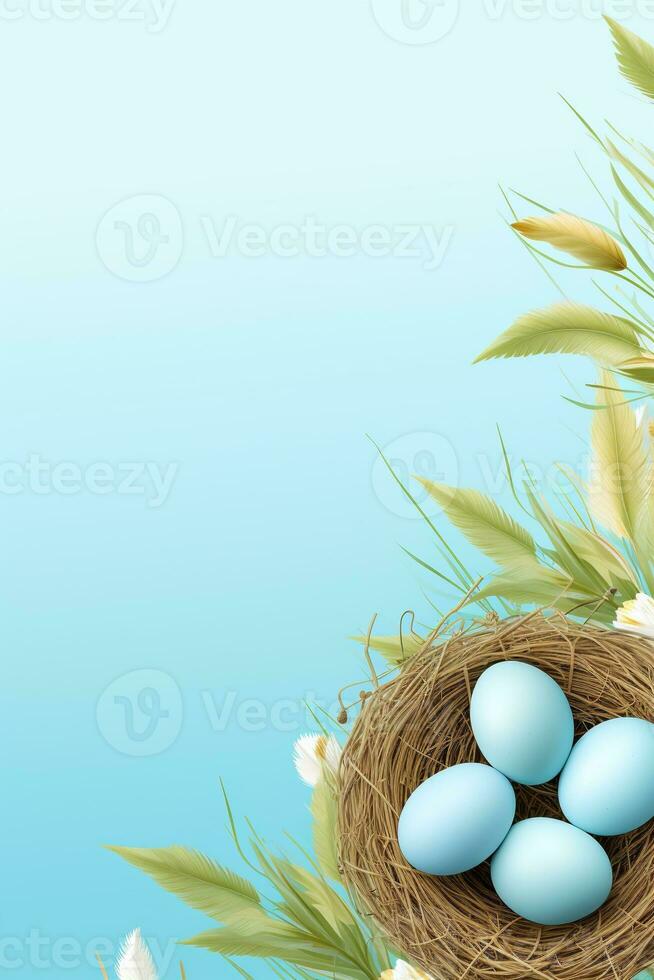 AI generated Easter eggs in a nest on a blue background photo