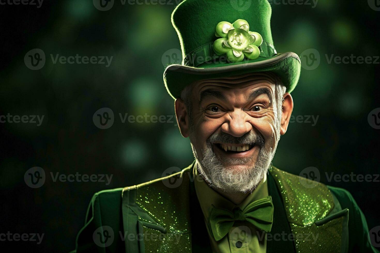 AI generated Portrait of a happy leprechaun with clover leaves. St. Patrick's Day. photo