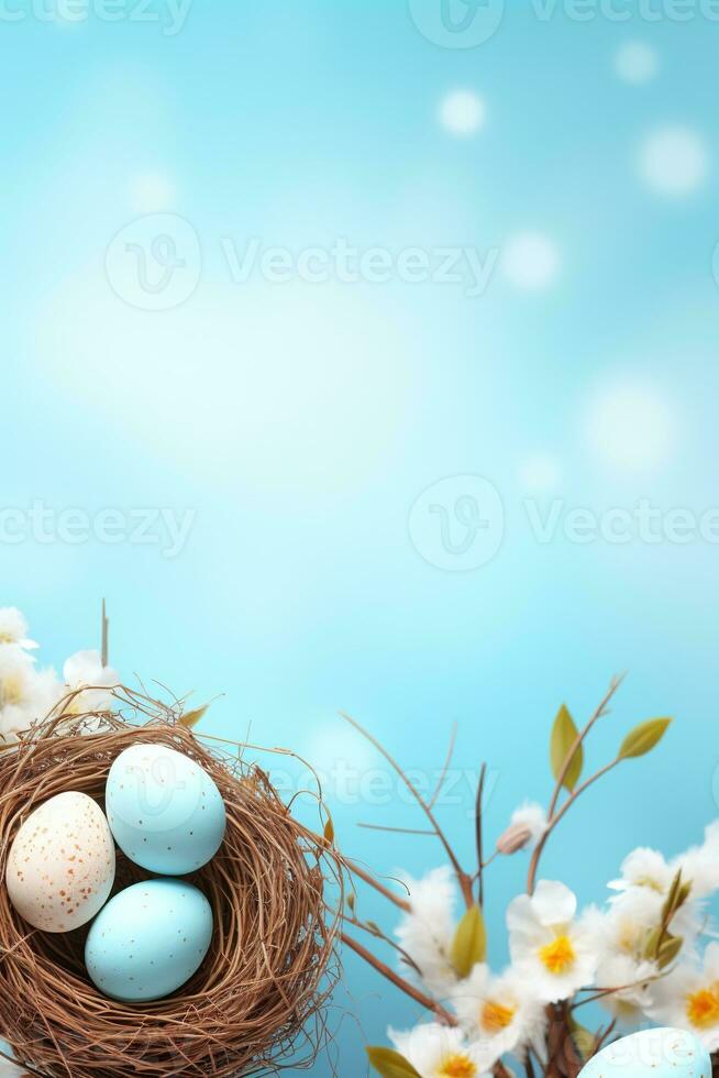 AI generated Easter eggs in a nest on a blue background photo