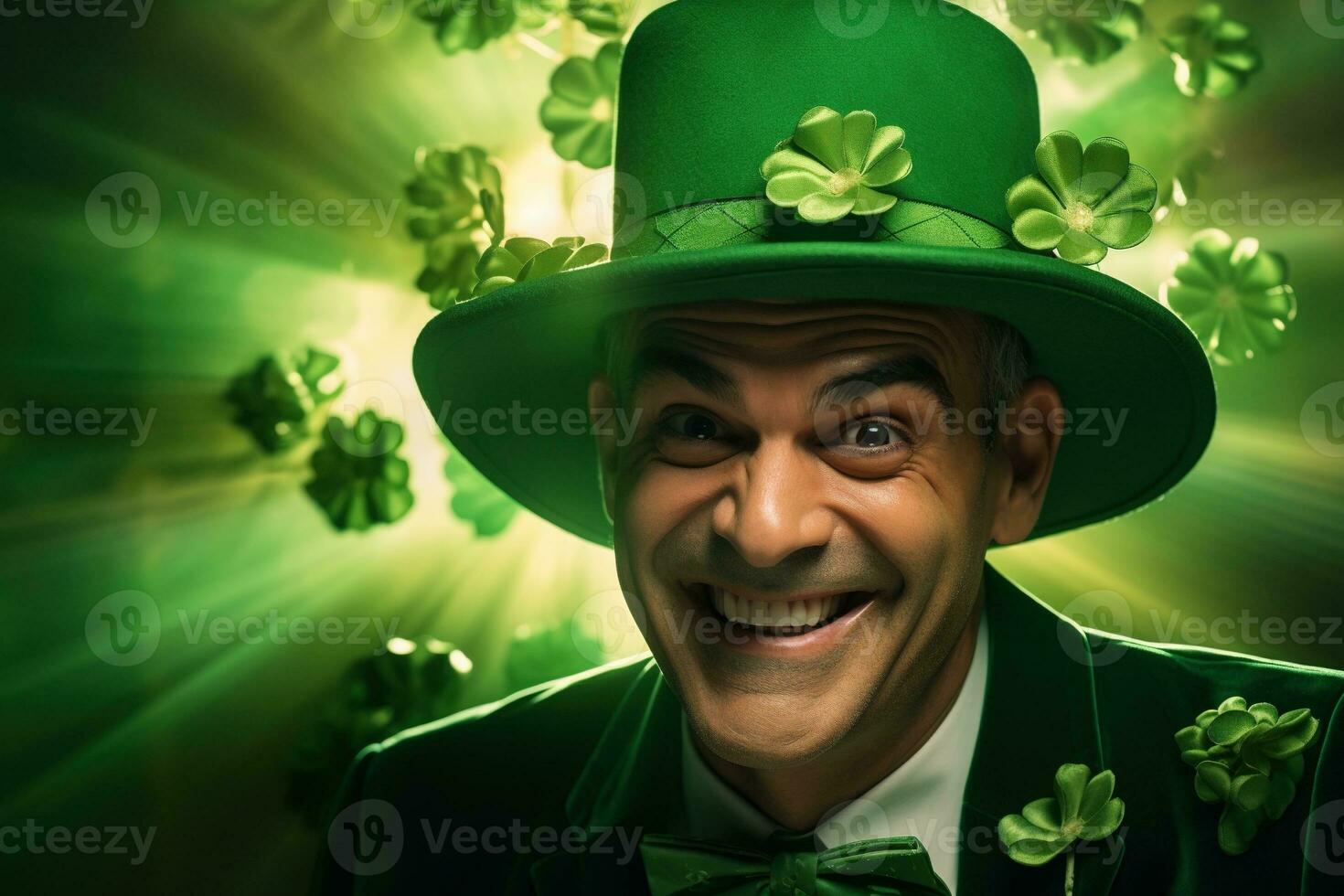 AI generated Portrait of a happy leprechaun with clover leaves. St. Patrick's Day. photo