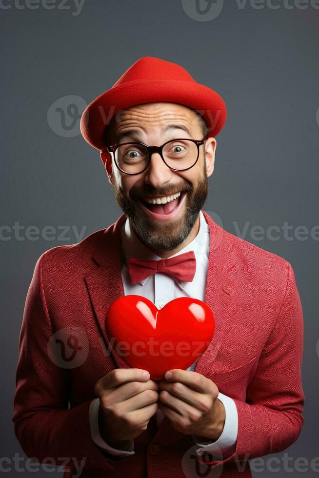 AI generated Portrait of a happy man with a red heart on Valentine's day concept. photo