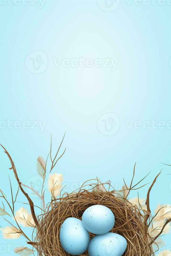 AI generated Easter eggs in a nest on a blue background photo