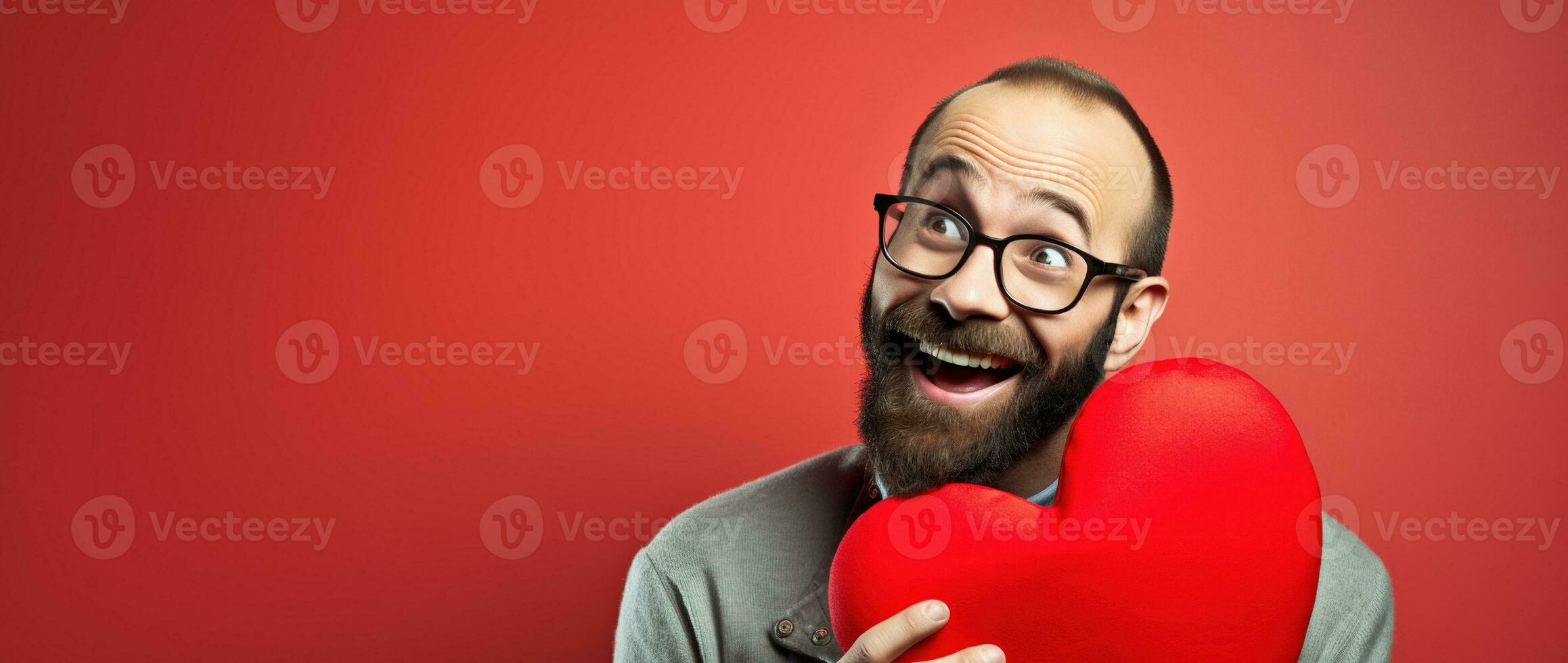 AI generated Portrait of a happy man with a red heart on Valentine's day concept. photo