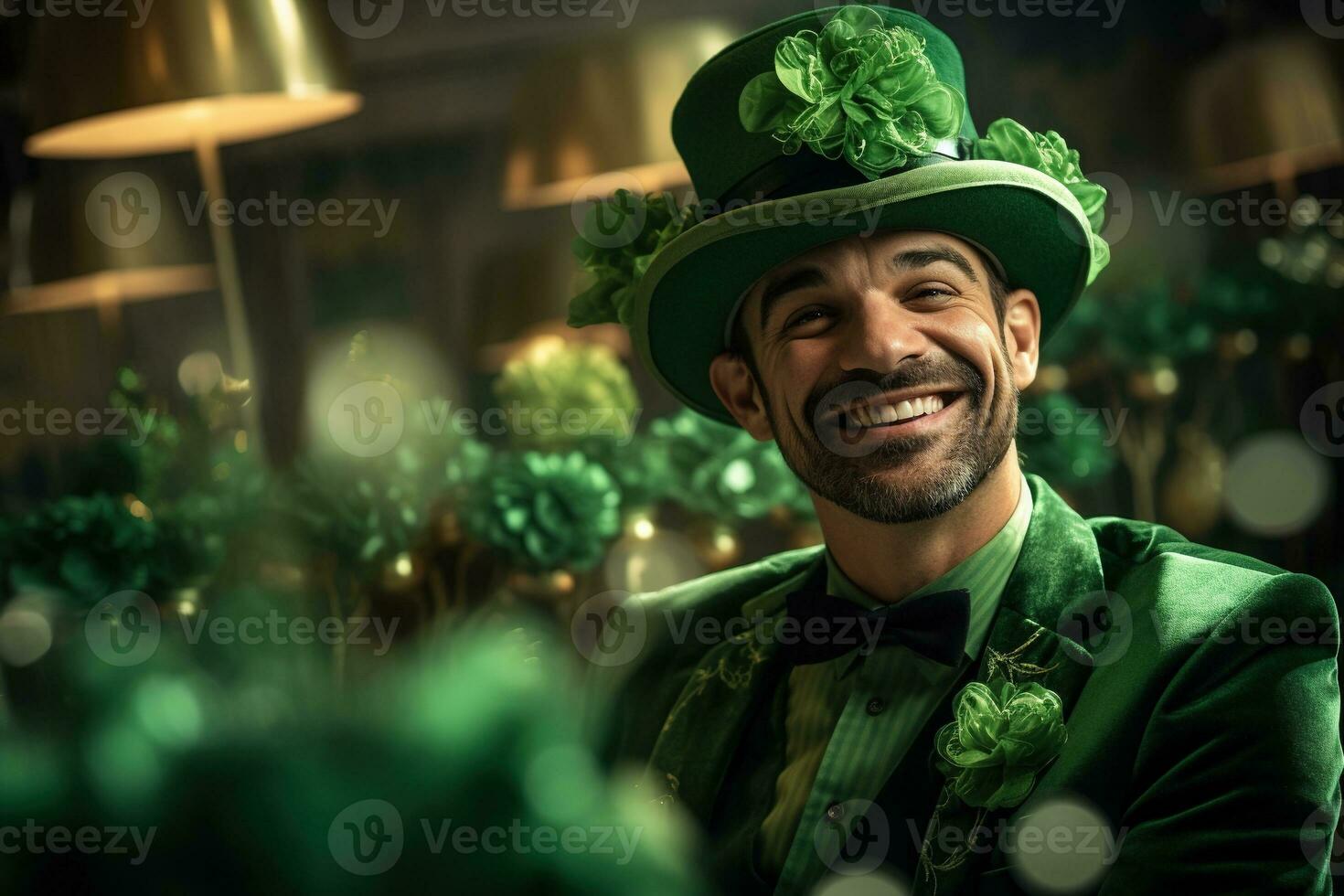 AI generated Portrait of a happy leprechaun with clover leaves. St. Patrick's Day. photo