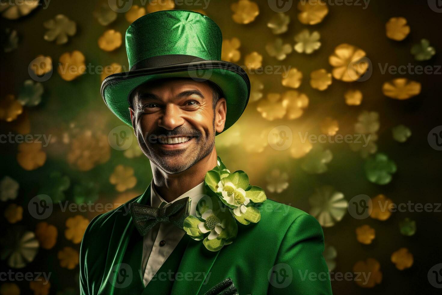 AI generated Portrait of a happy leprechaun with clover leaves. St. Patrick's Day. photo