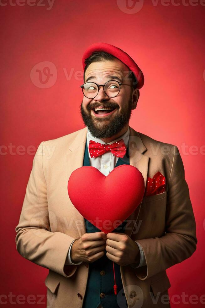 AI generated Portrait of a happy man with a red heart on Valentine's day concept. photo