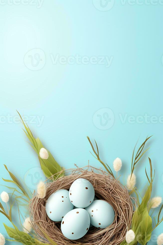 AI generated Easter eggs in a nest on a blue background photo