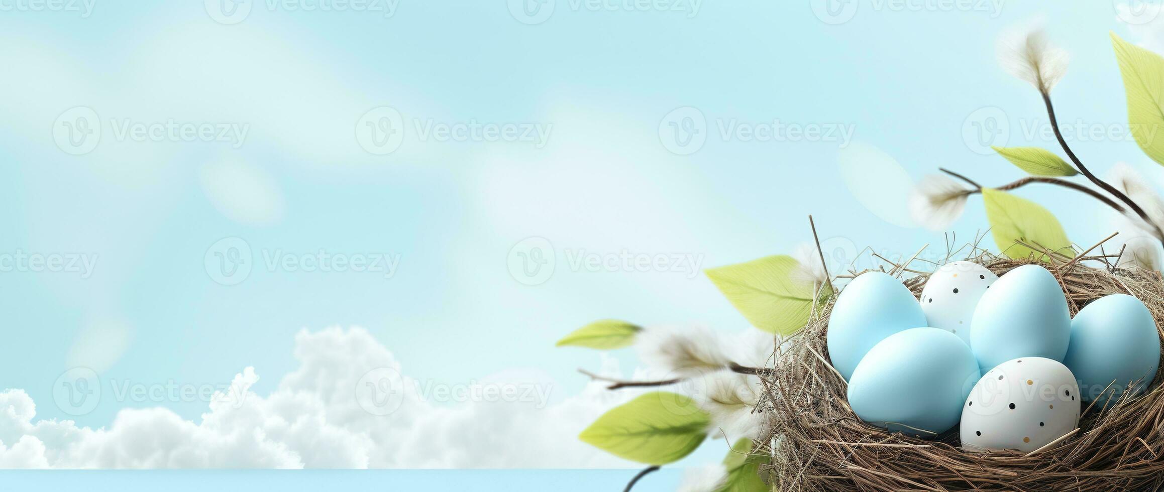 AI generated Easter eggs in a nest on a blue background photo