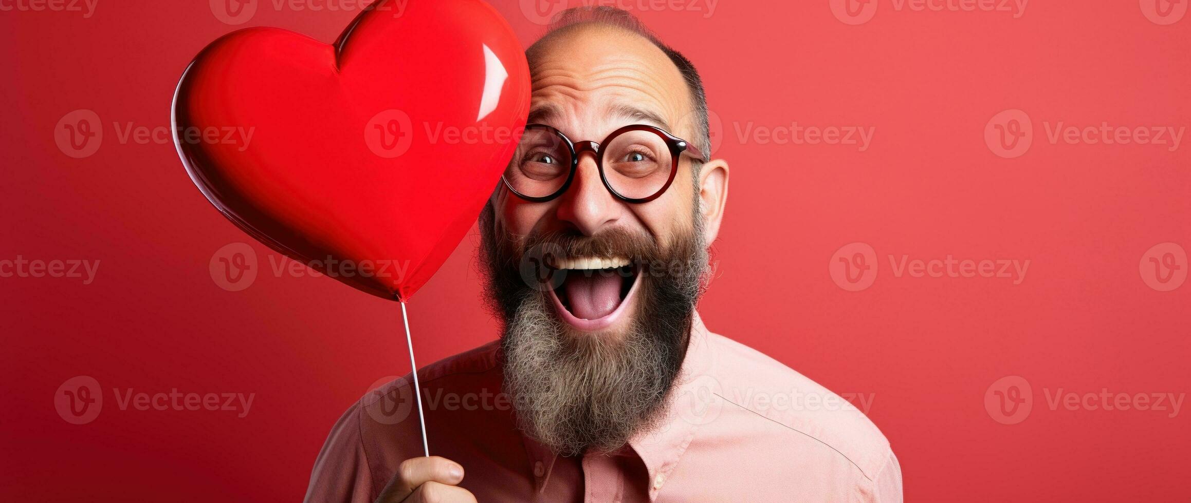 AI generated Portrait of a happy man with a red heart on Valentine's day concept. photo