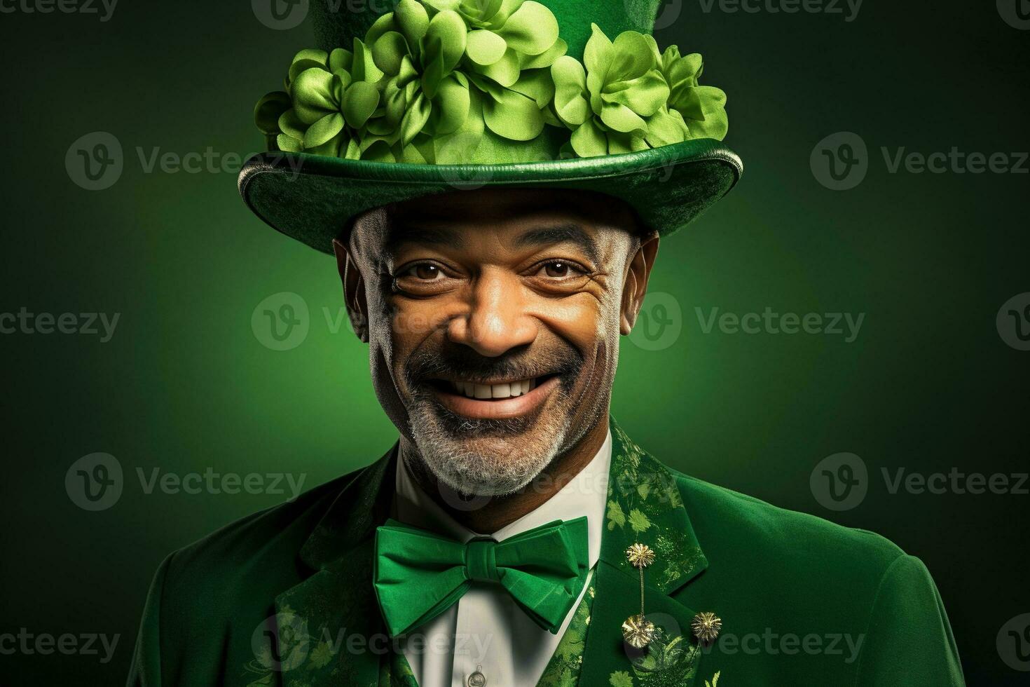 AI generated Portrait of a happy leprechaun with clover leaves. St. Patrick's Day. photo