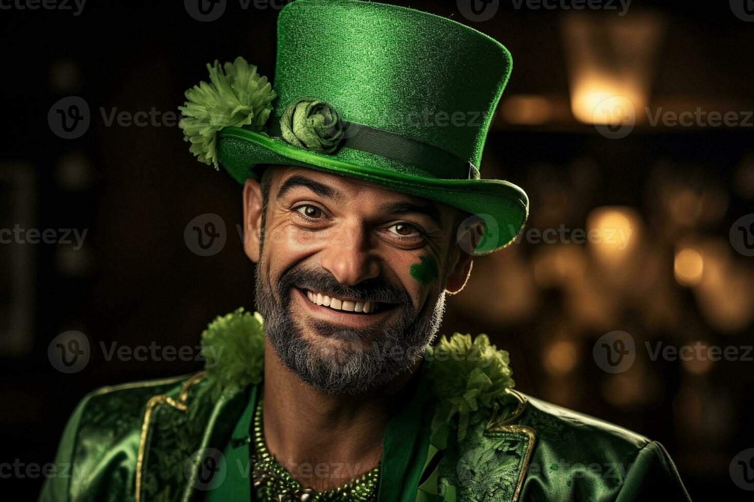 AI generated Portrait of a happy leprechaun with clover leaves. St. Patrick's Day. photo