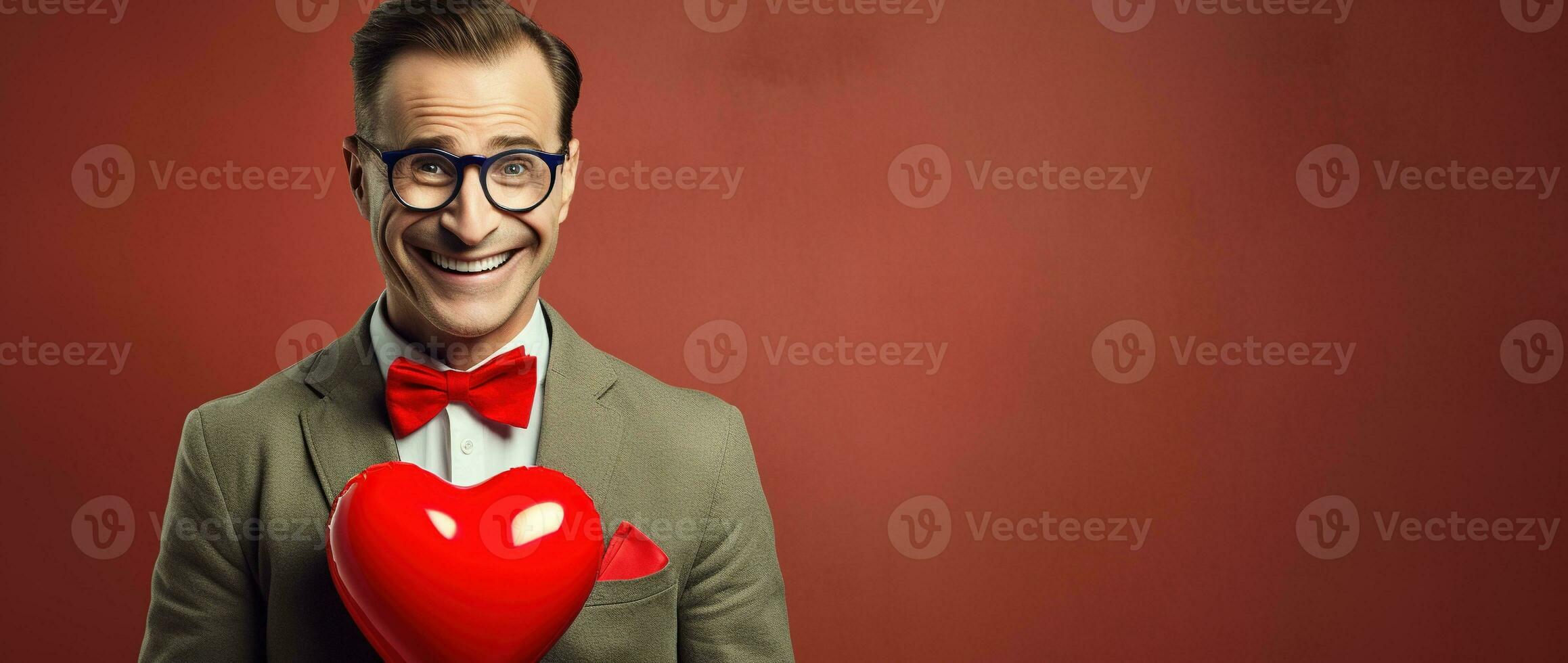 AI generated Portrait of a happy man with a red heart on Valentine's day concept. photo