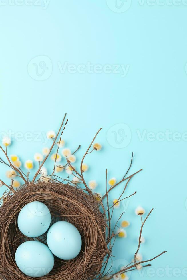 AI generated Easter eggs in a nest on a blue background photo