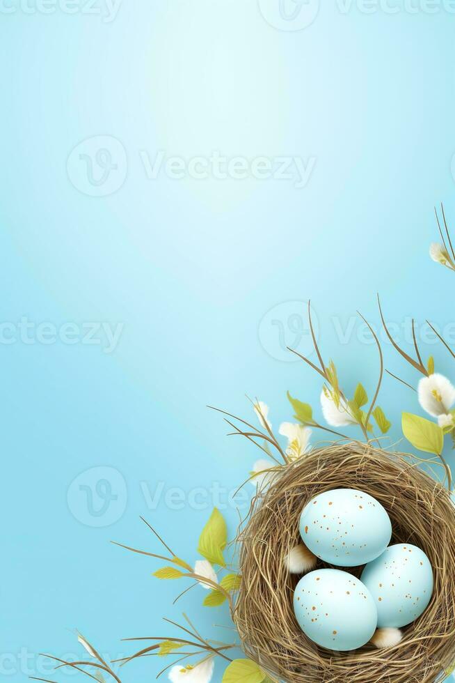 AI generated Easter eggs in a nest on a blue background photo