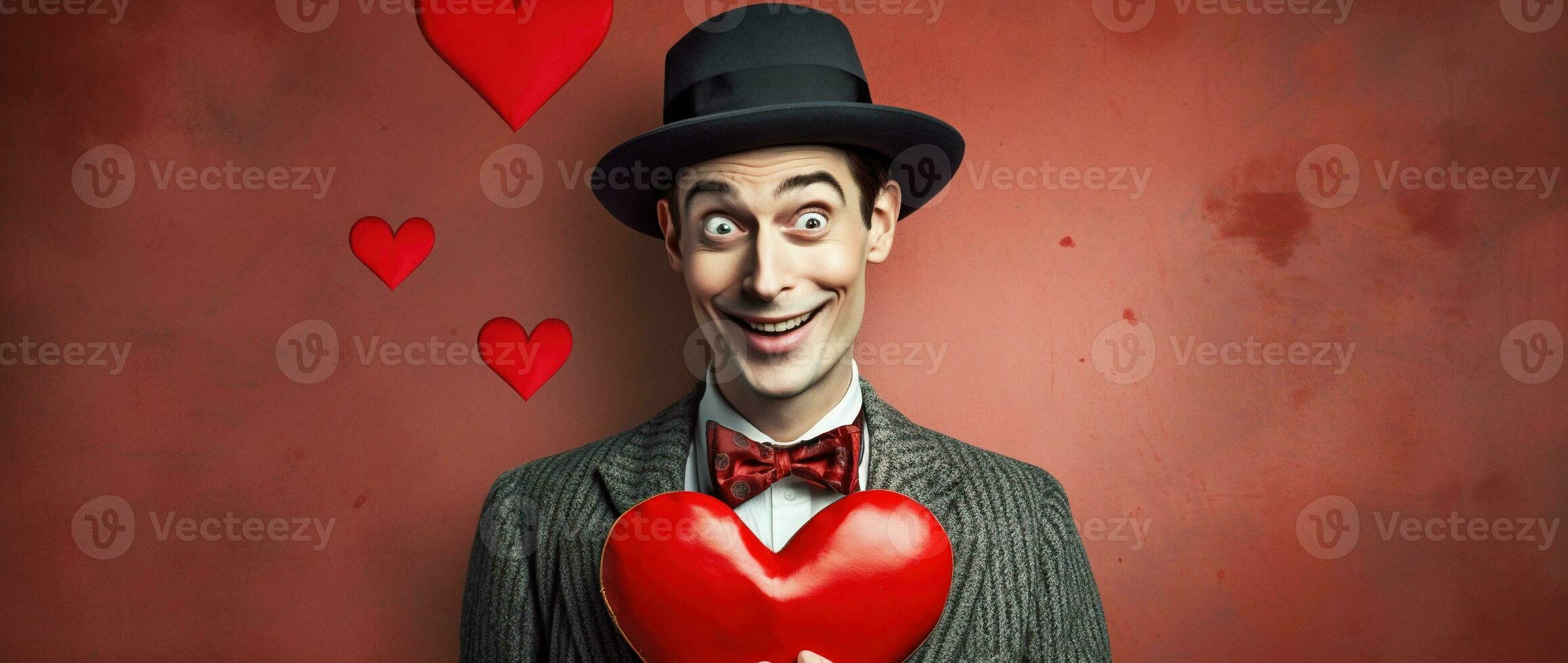 AI generated Portrait of a happy man with a red heart on Valentine's day concept. photo