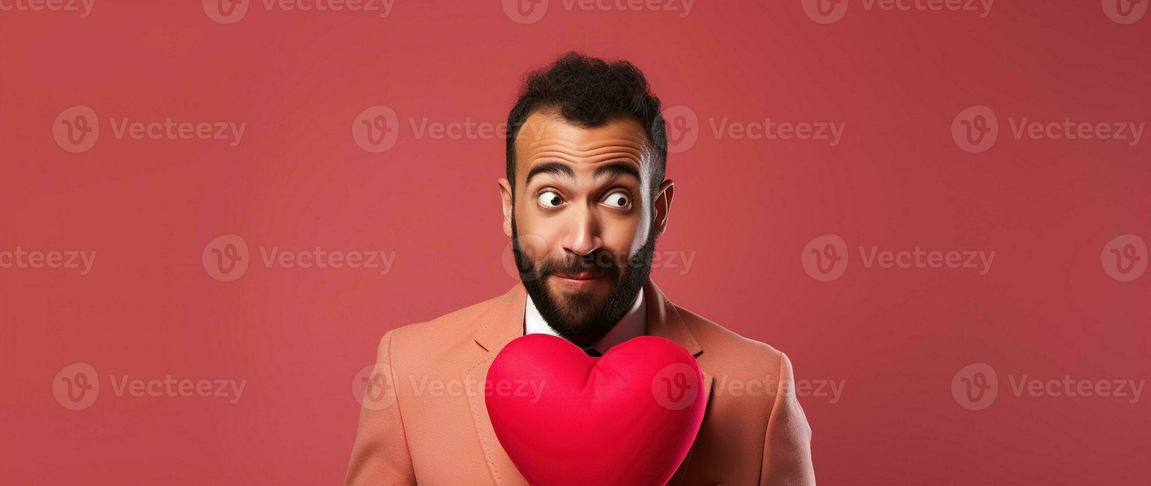 AI generated Portrait of a happy man with a red heart on Valentine's day concept. photo