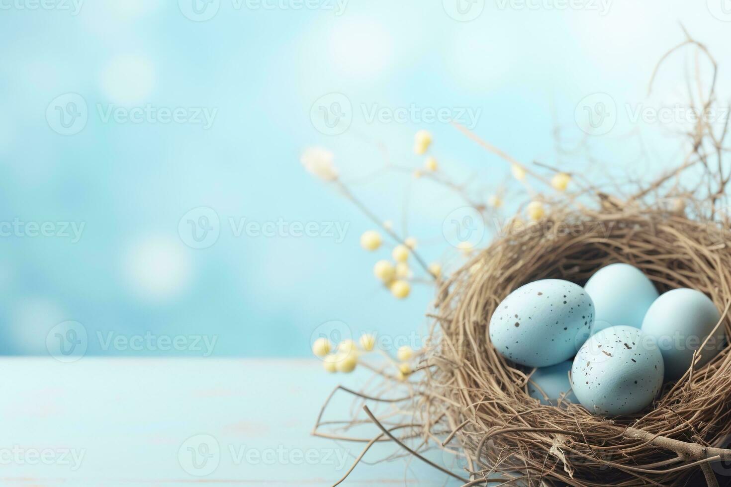 AI generated Easter eggs in a nest on a blue background photo