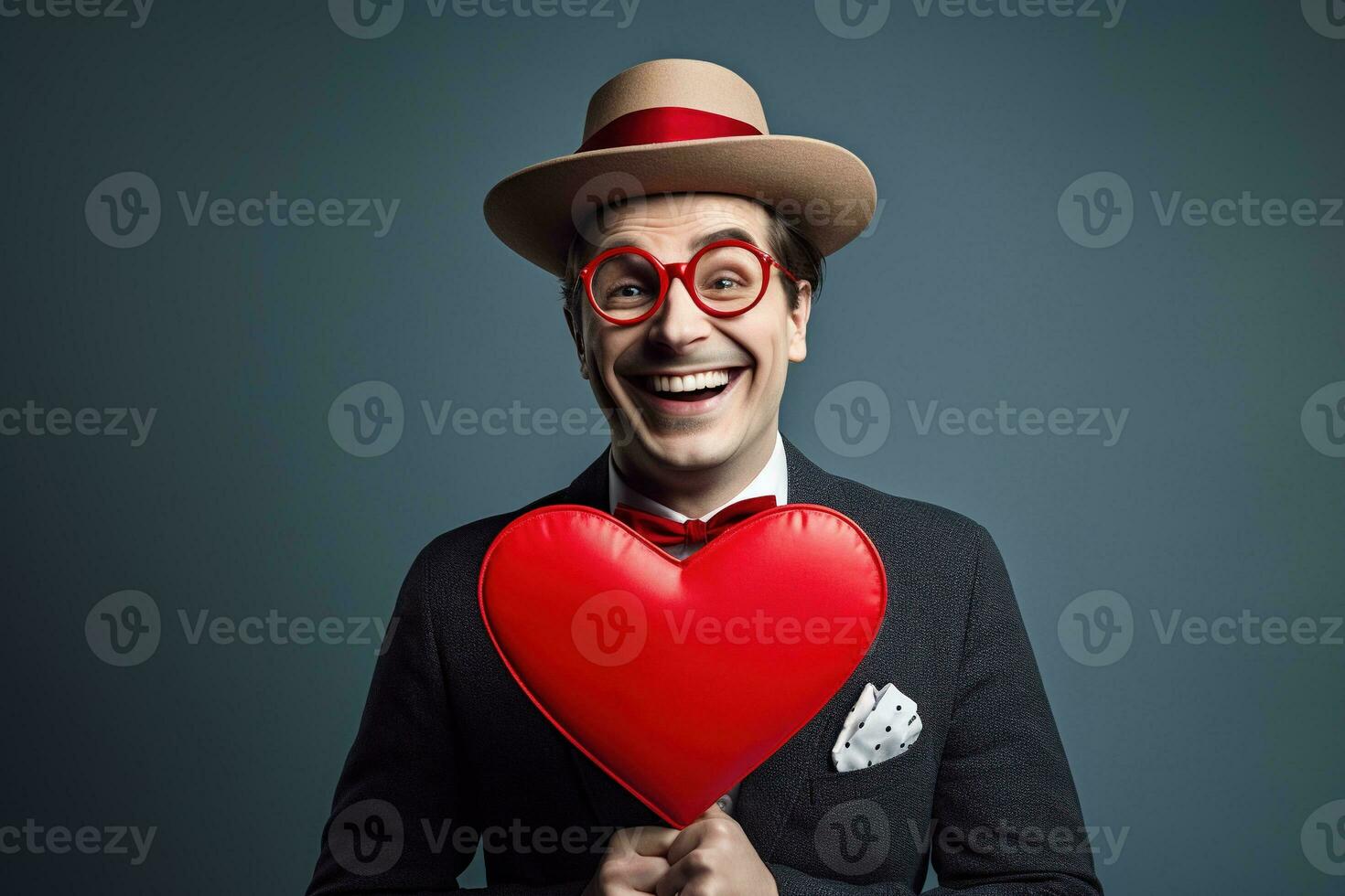 AI generated Portrait of a happy man with a red heart on Valentine's day concept. photo