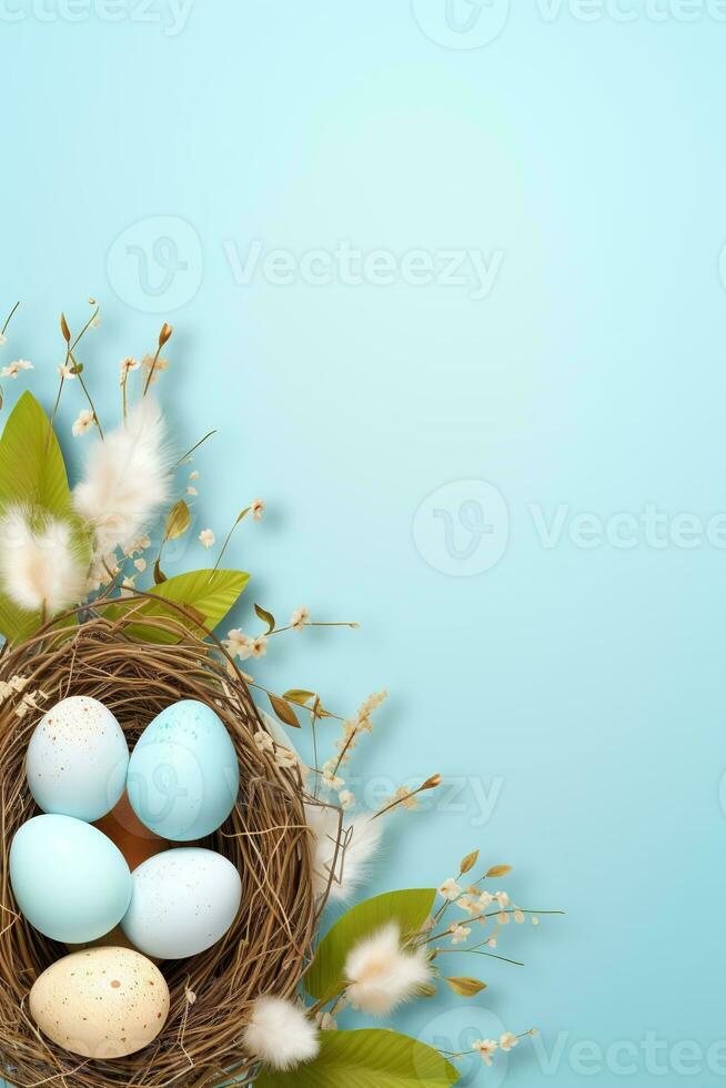 AI generated Easter eggs in a nest on a blue background photo