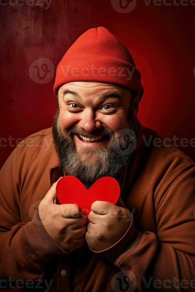 AI generated Portrait of a happy man with a red heart on Valentine's day concept. photo