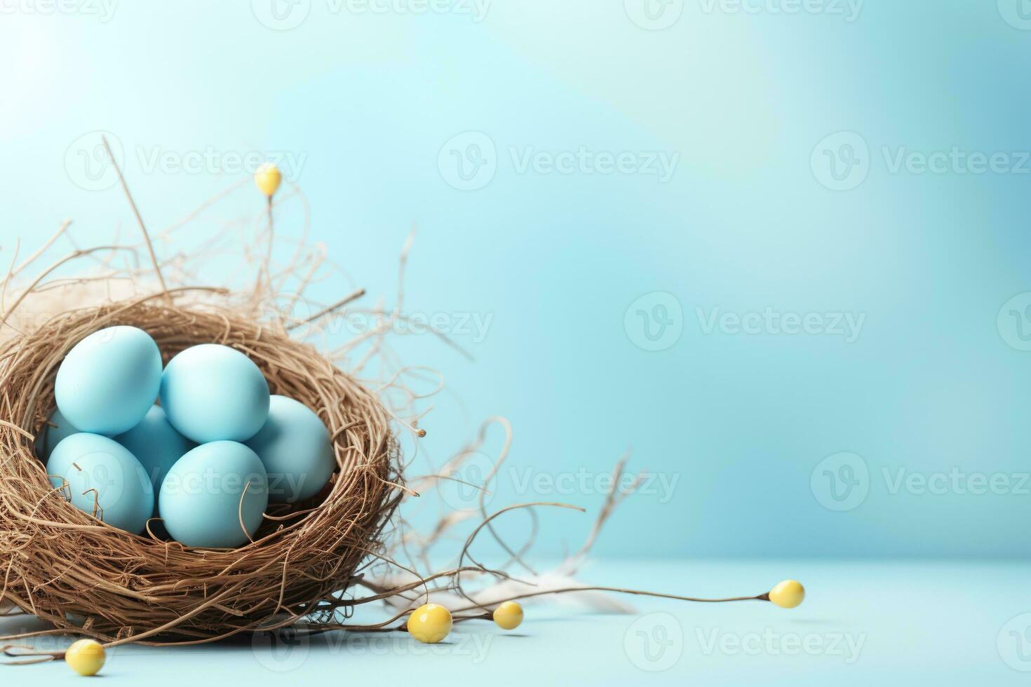 AI generated Easter eggs in a nest on a blue background photo