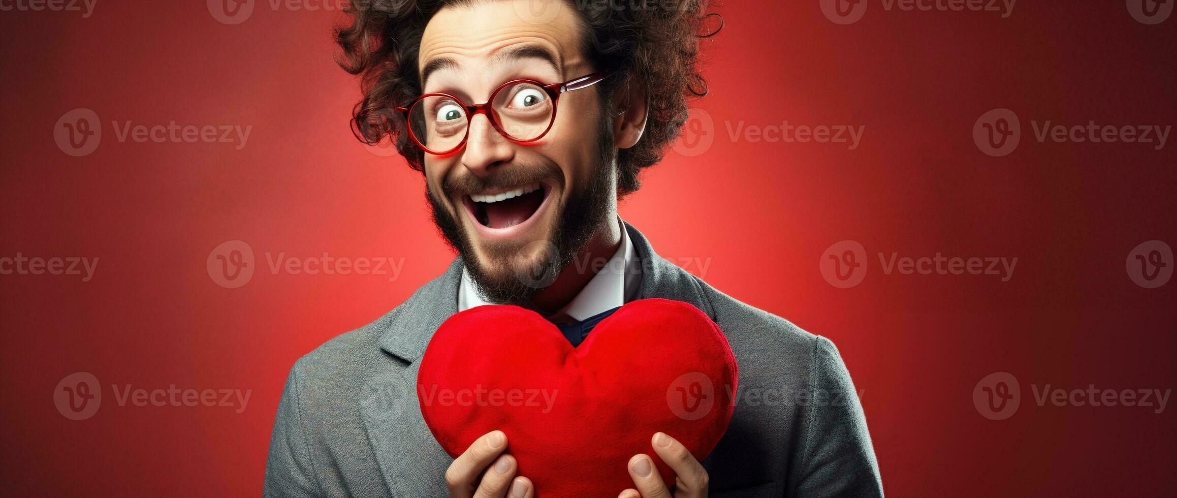 AI generated Portrait of a happy man with a red heart on Valentine's day concept. photo