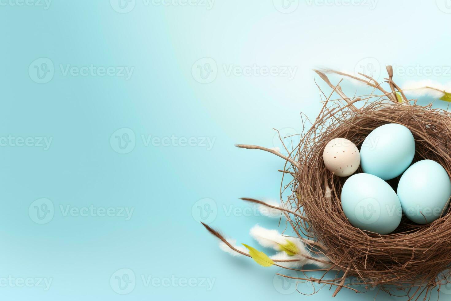 AI generated Easter eggs in a nest on a blue background photo