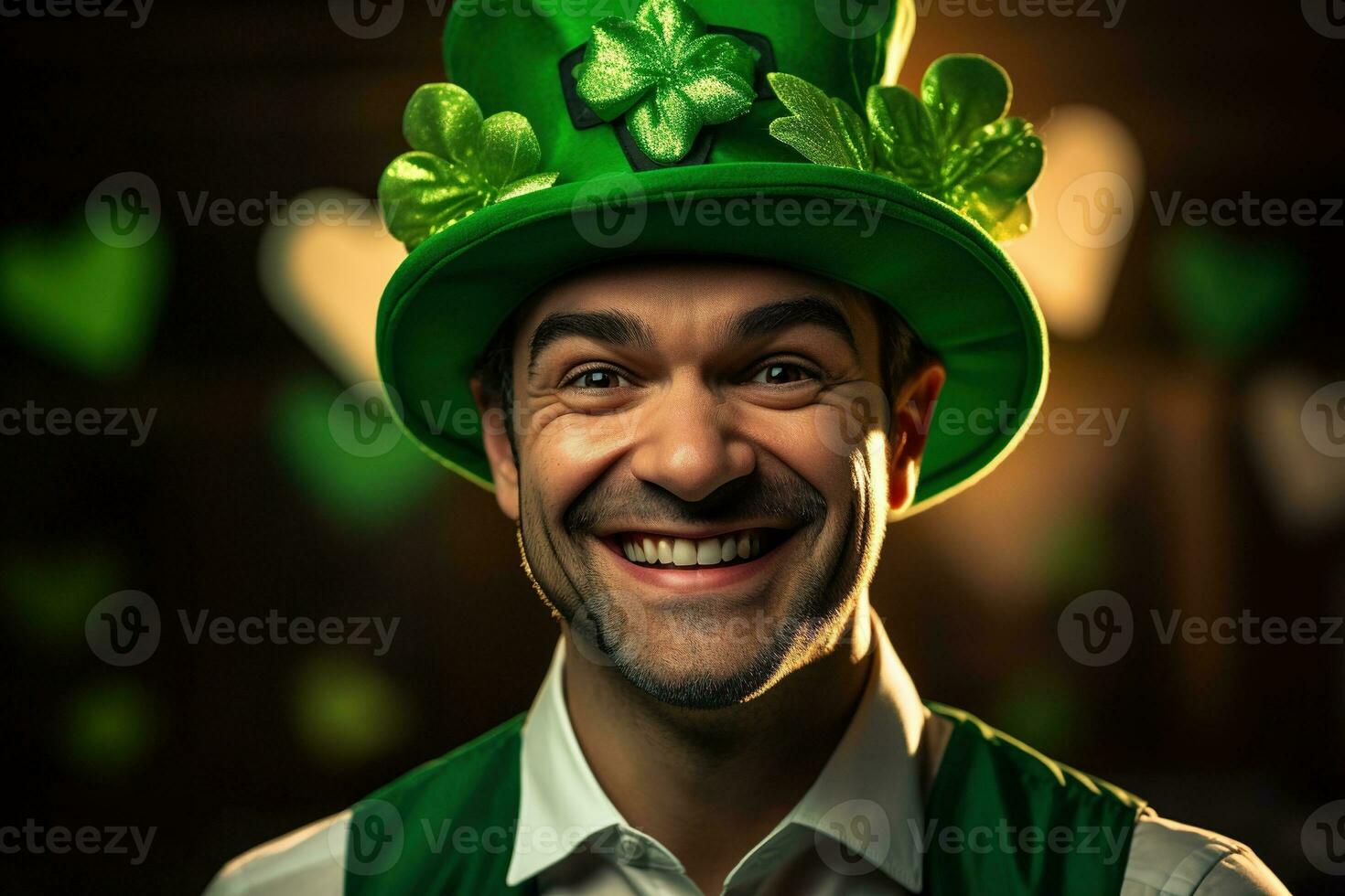 AI generated Portrait of a happy leprechaun with clover leaves. St. Patrick's Day. photo