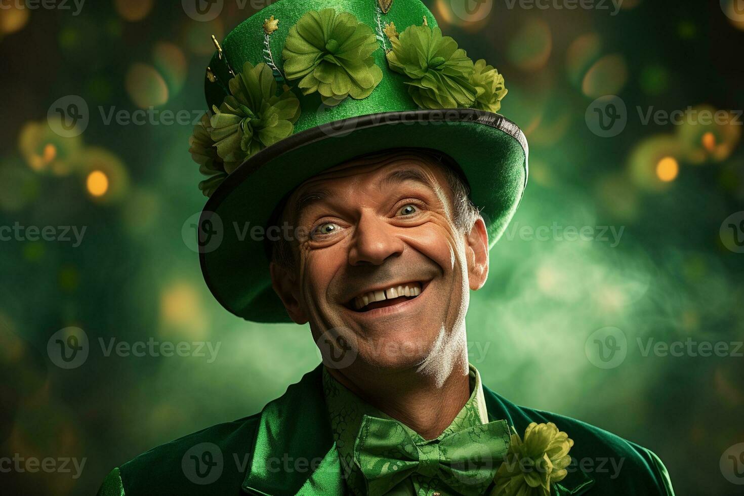 AI generated Portrait of a happy leprechaun with clover leaves. St. Patrick's Day. photo