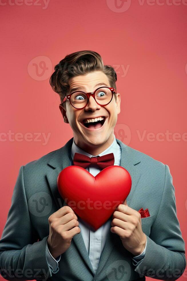 AI generated Portrait of a happy man with a red heart on Valentine's day concept. photo