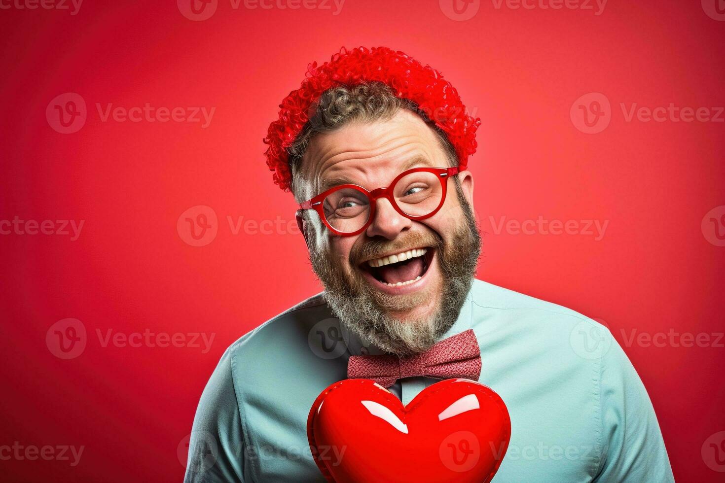 AI generated Portrait of a happy man with a red heart on Valentine's day concept. photo