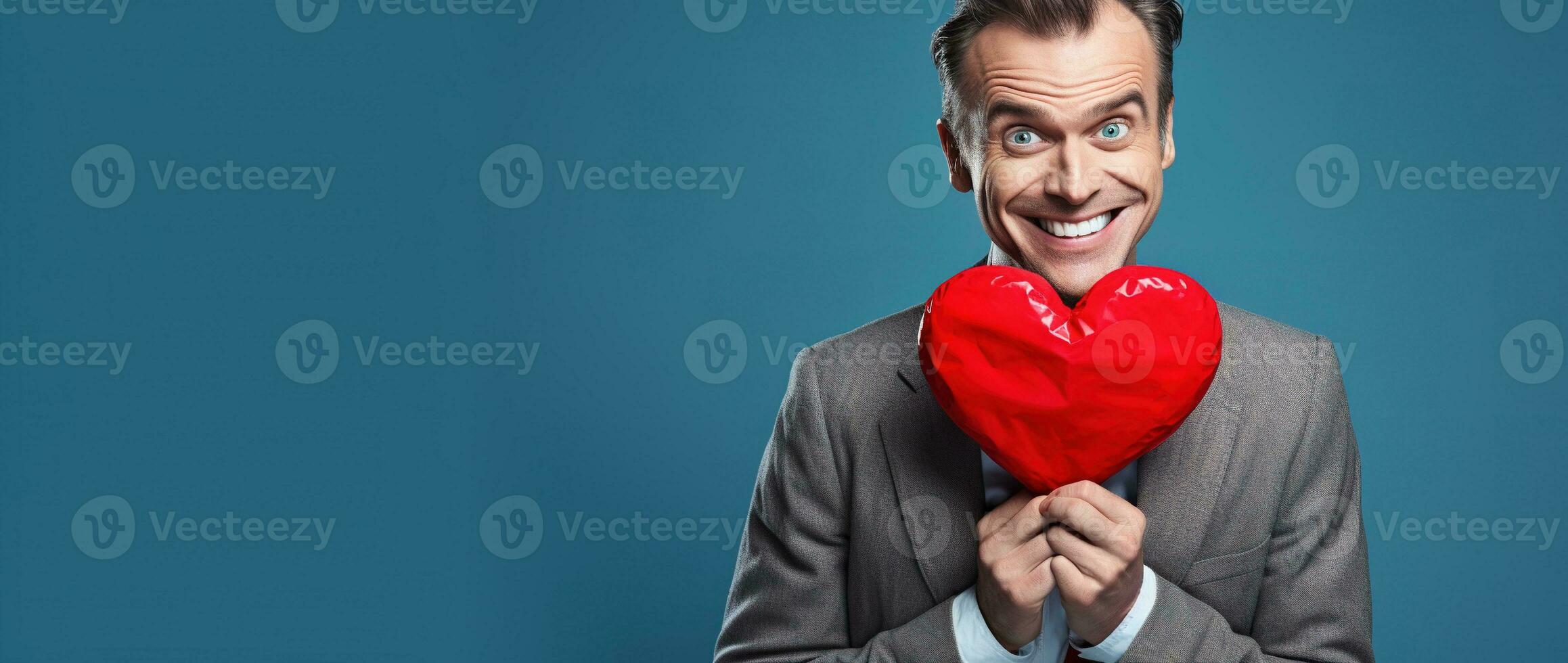 AI generated Portrait of a happy man with a red heart on Valentine's day concept. photo