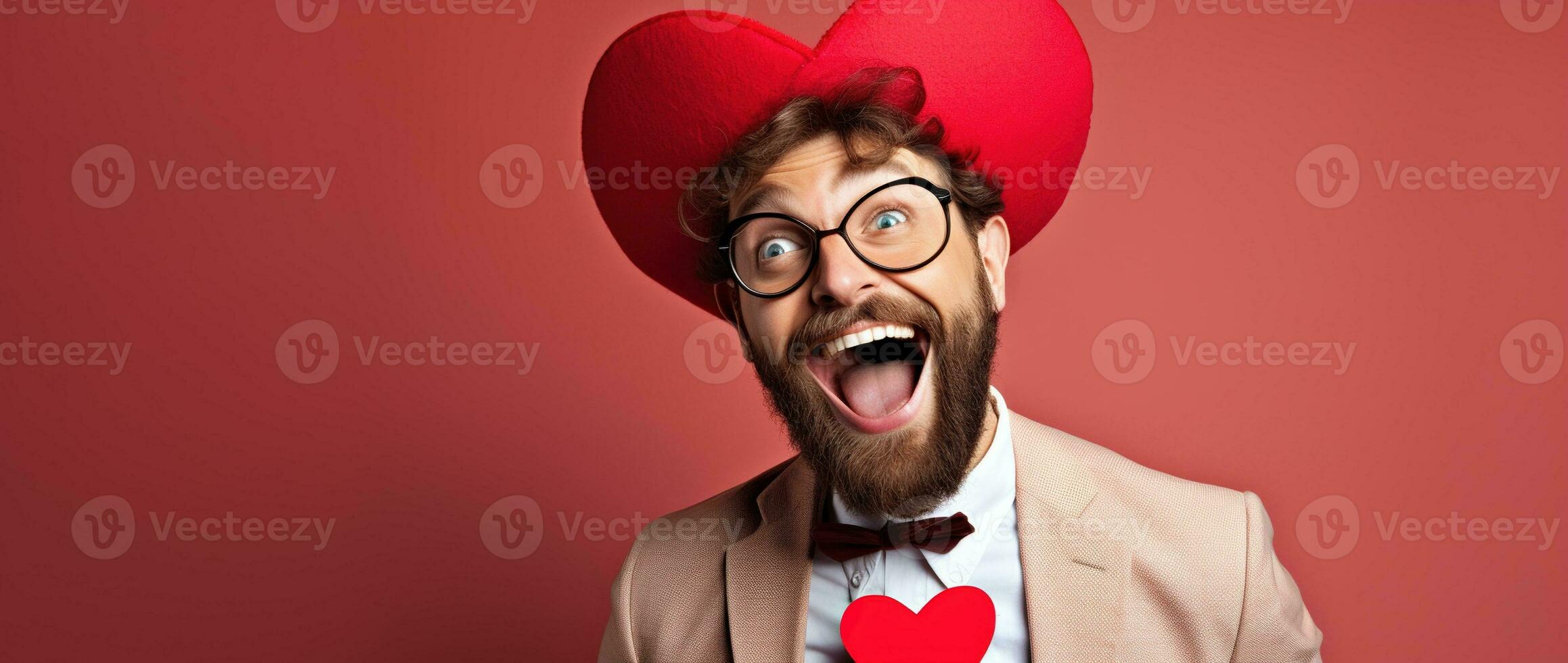 AI generated Portrait of a happy man with a red heart on Valentine's day concept. photo