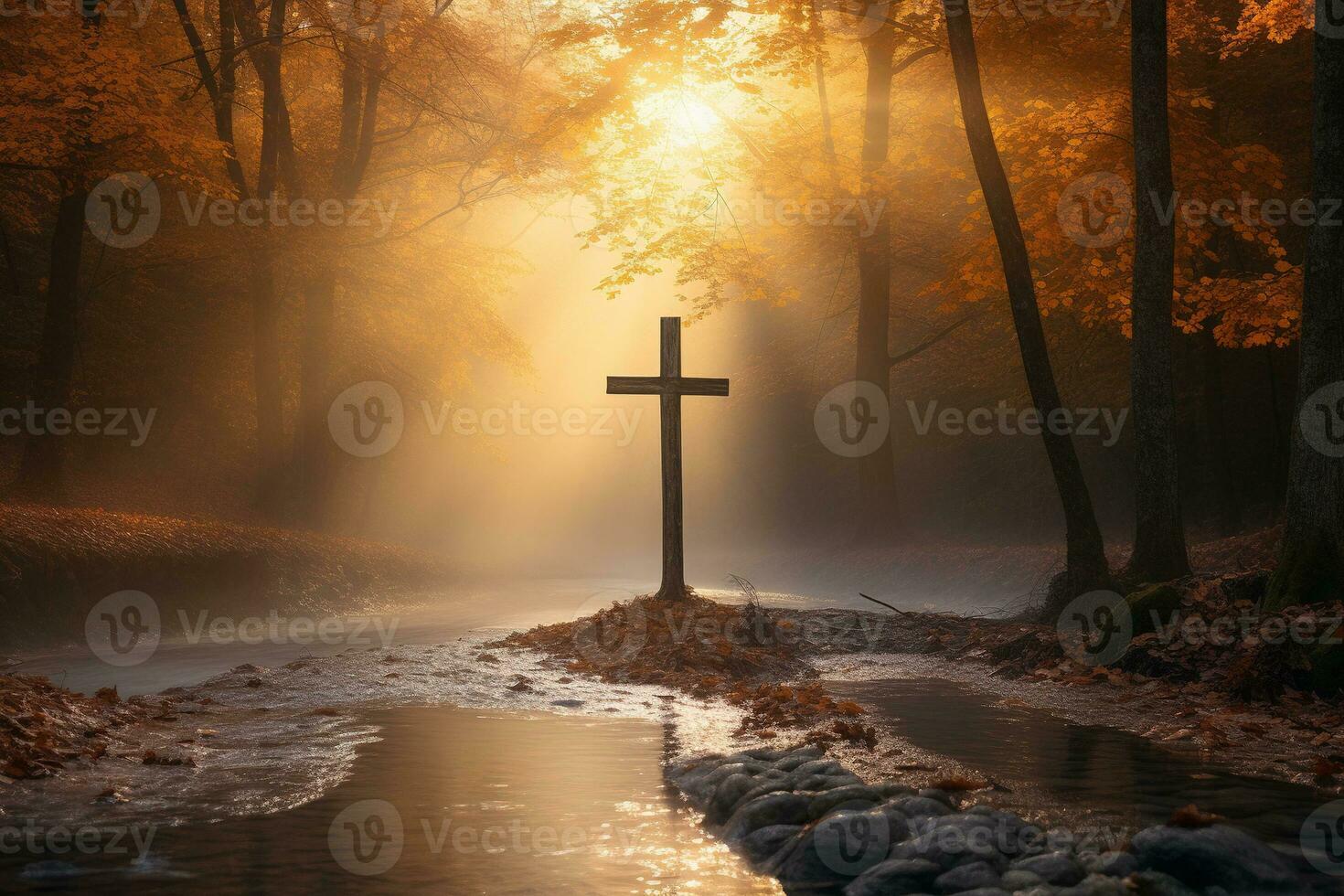 AI generated Cross in the forest with sun rays coming through the trees photo