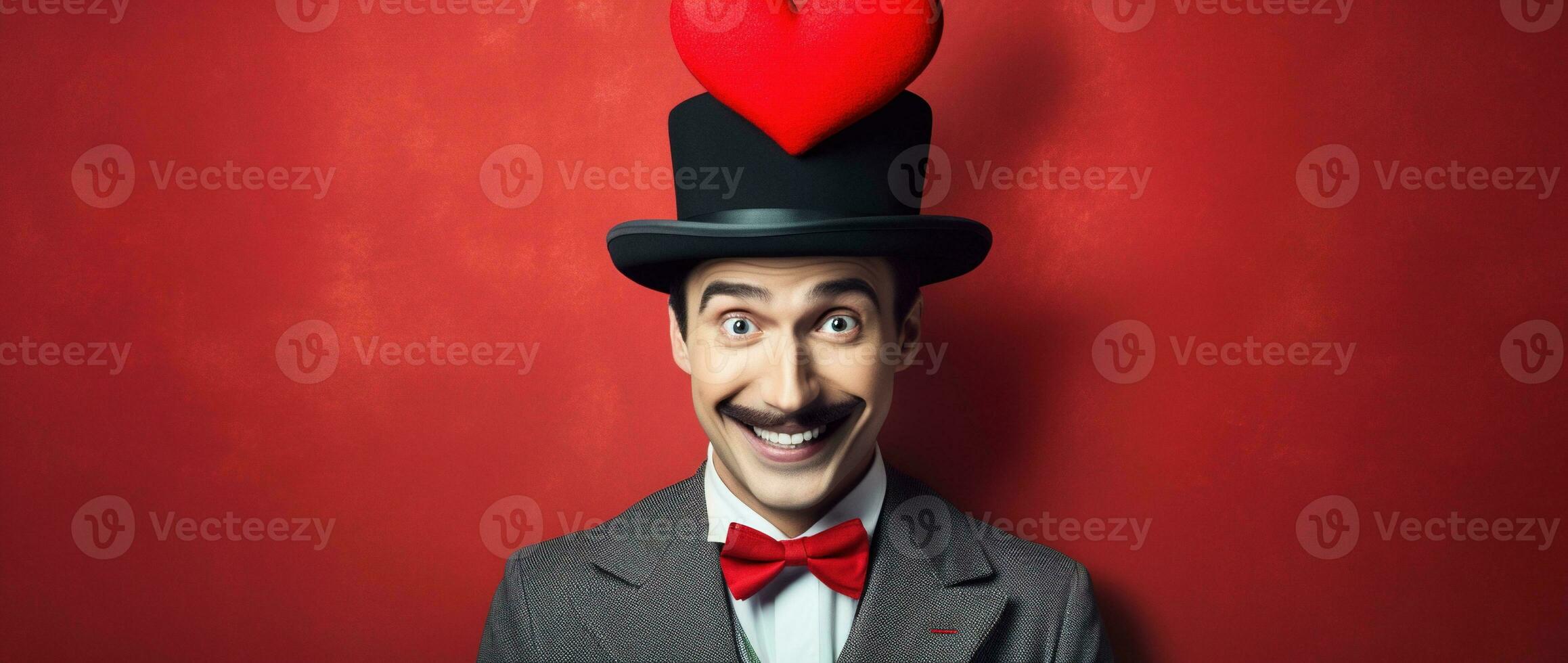 AI generated Portrait of a happy man with a red heart on Valentine's day concept. photo