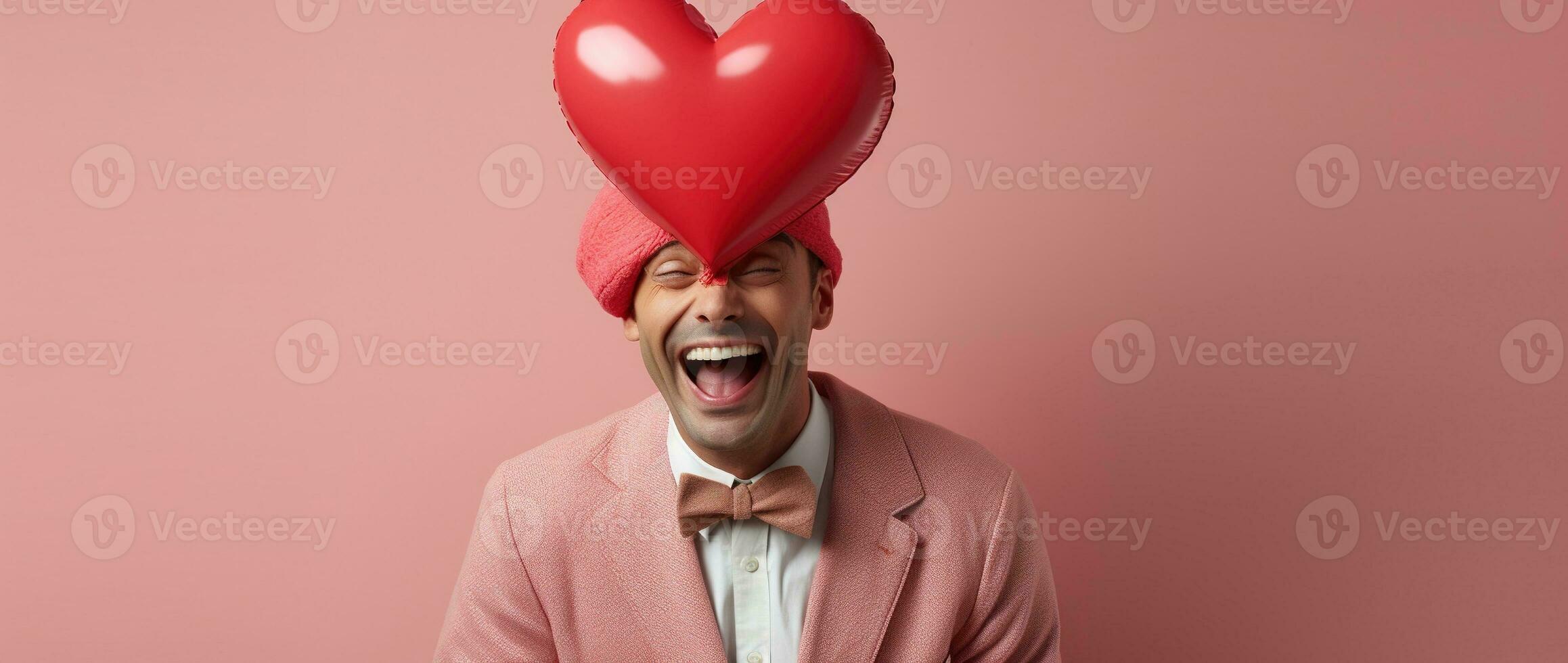 AI generated Portrait of a happy man with a red heart on Valentine's day concept. photo