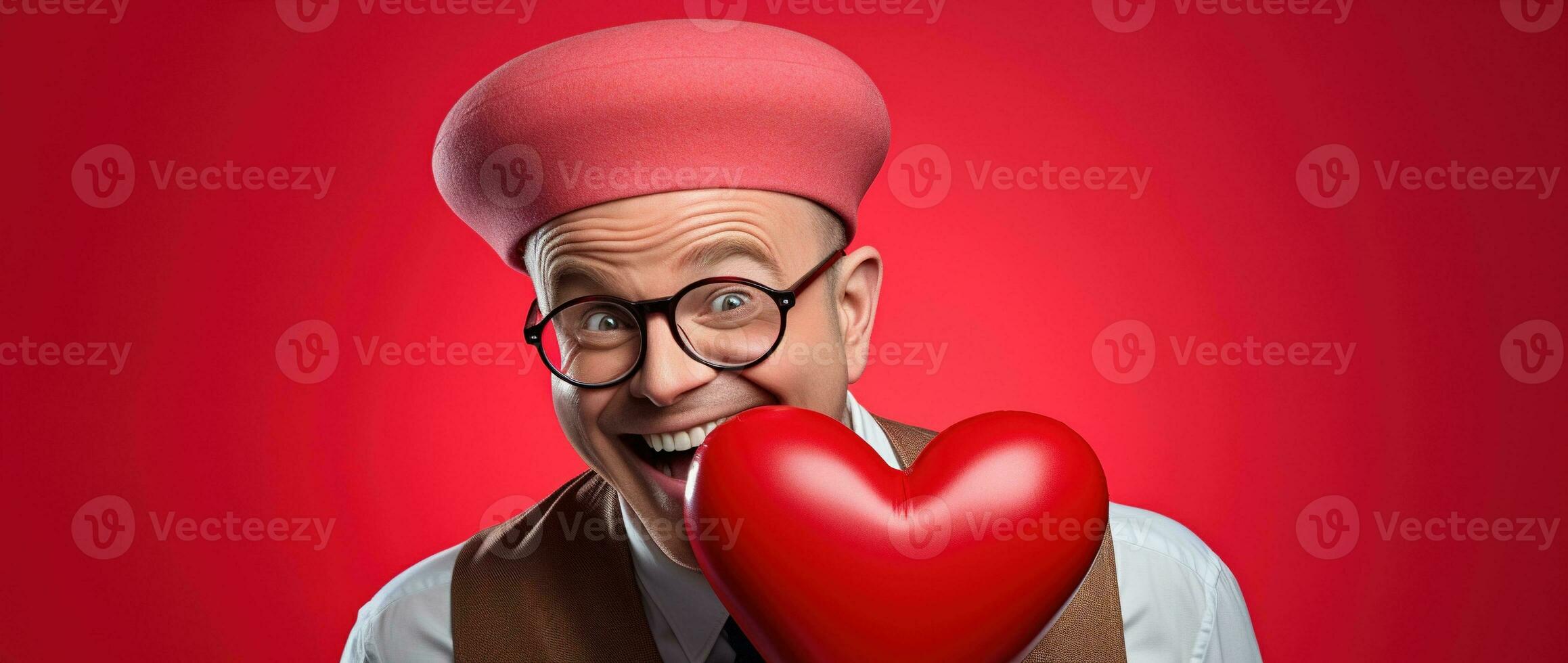 AI generated Portrait of a happy man with a red heart on Valentine's day concept. photo