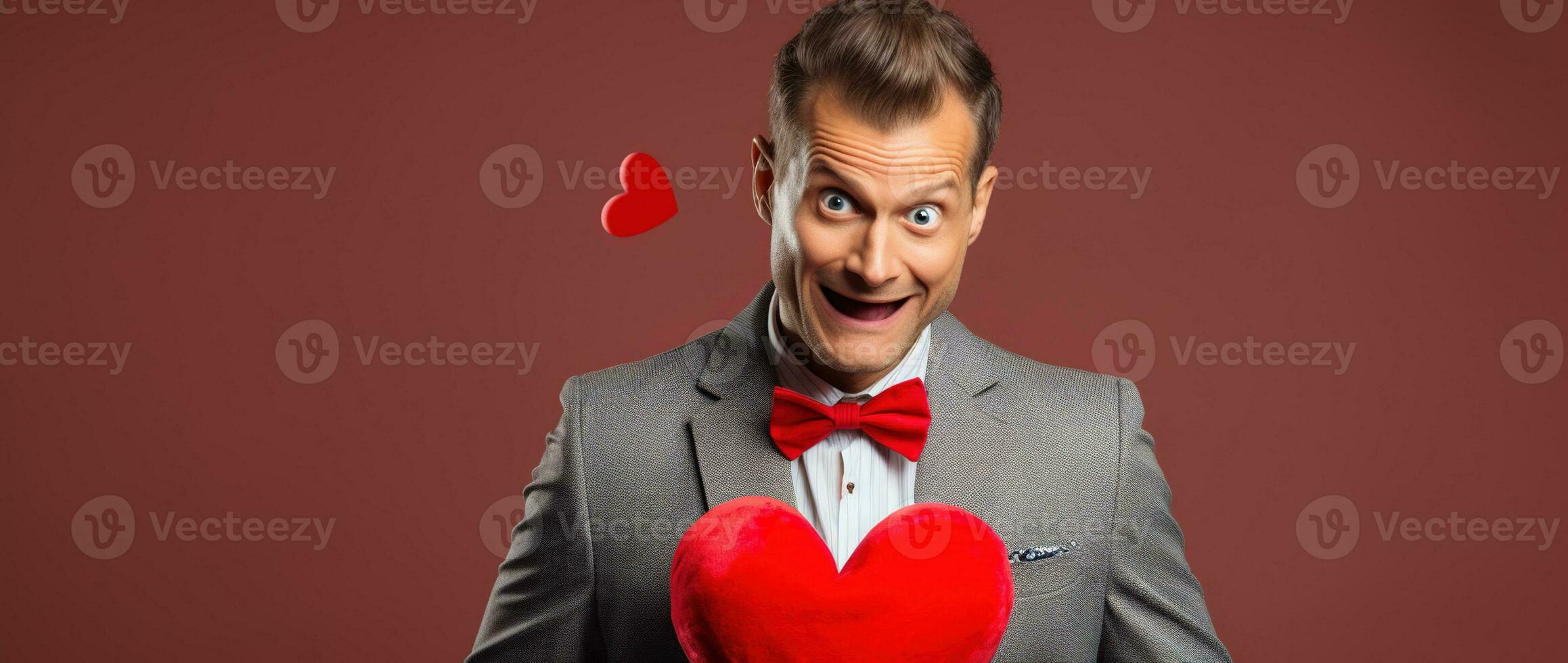 AI generated Portrait of a happy man with a red heart on Valentine's day concept. photo