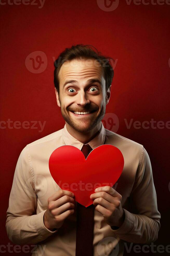 AI generated Portrait of a happy man with a red heart on Valentine's day concept. photo