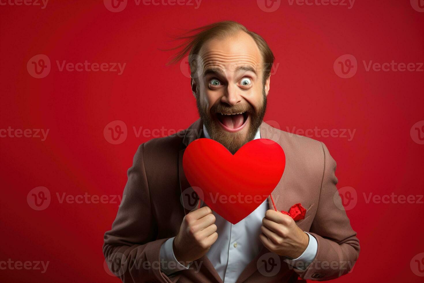 AI generated Portrait of a happy man with a red heart on Valentine's day concept. photo