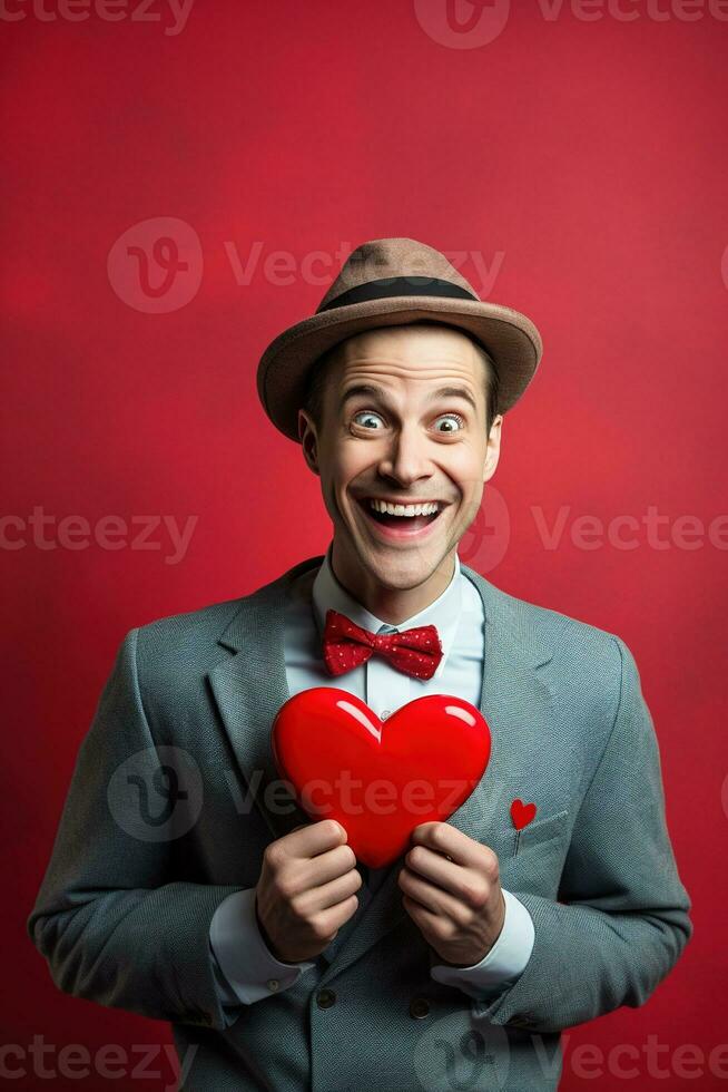 ai generado retrato de un contento hombre con un rojo corazón en San Valentín día concepto. foto