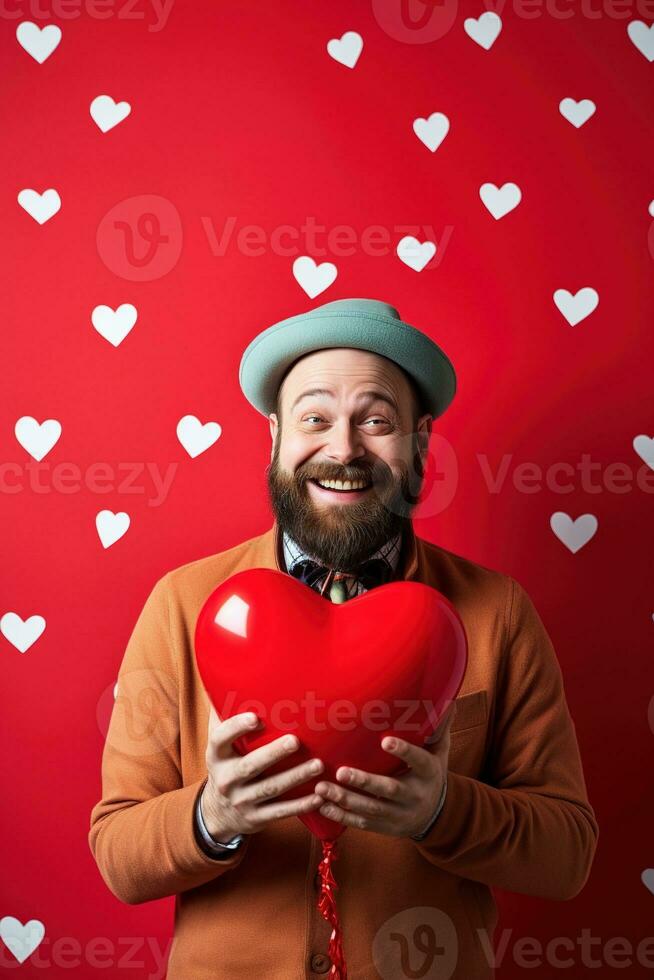 AI generated Portrait of a happy man with a red heart on Valentine's day concept. photo